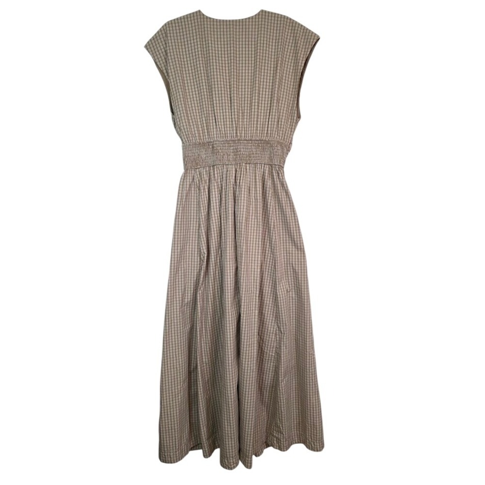 Abercrombie & Fitch L Tall Twist Bodice Maxi Dress Tan Plaid Smocked Back V-Neck - Picture 2 of 10